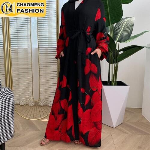 Eid Mubarak Arab Muslim Women Cardigan Digital Printed Maple Leaf Sleeve Chiffon Open Abaya Dubai Kaftan Turkey Islamic Clothing