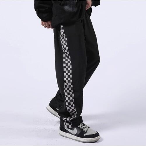 Checkerboard Plaid Pants Mens Side Stripes Loose Straight Black High Street Vibe Drawstring Casual Oversize Couple Trousers