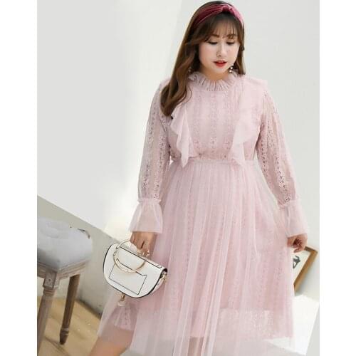 Fashion new large mesh spring autumn womens dress new slim medium length dress womens Dress Plus Size Dress