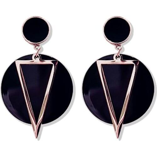 Fashion jewelry, small black circle cake hanging large black circle cake hollow triangular earrings, titanium steel