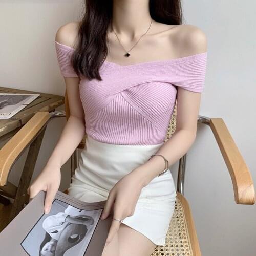 Korean Style Fashion Pink Sexy Off Shoulder V Neck Sweater Kawaii Knitted Top Female New Desigual Summer Womens Clothing 2021