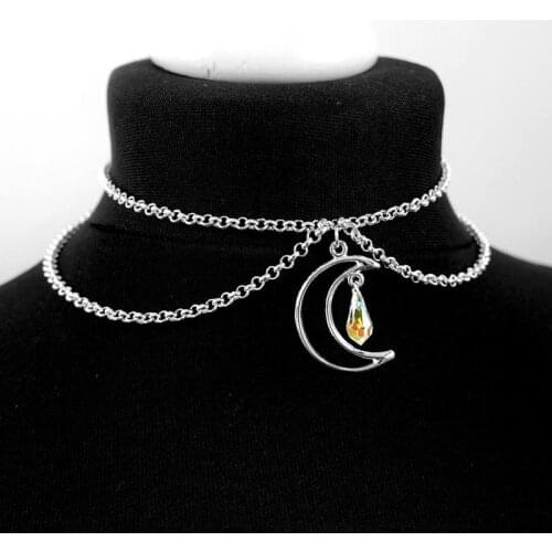Moon Crystal Chain Choker with Choker Witch Necklace Punk Jewelry Gorgeous Women Girlfriend Gift Fashion Statement Goth Pendant