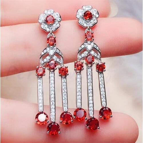 Natural real garnet luxury drop earring Free shipping 925 sterling silver Fine jewelry 0.15ct*10pcs 0.4ct*6pcs gemstone #R99106