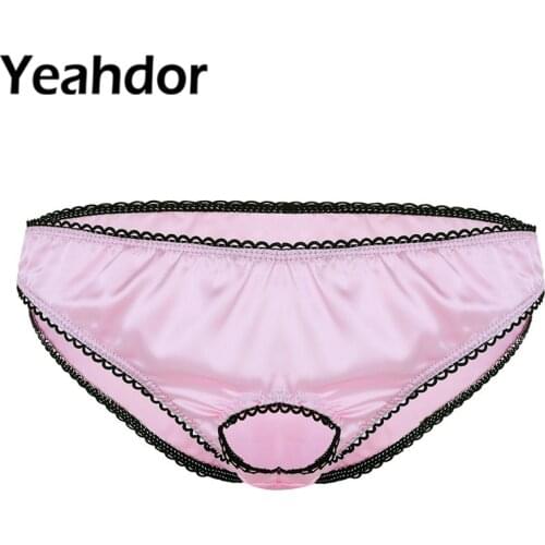 Sexy Homme Open Front Penis Hole Exotic Panties Mens Sissy Lingerie Soft Satin Low Rise Bikini Briefs Male Gay Sissy Underwear