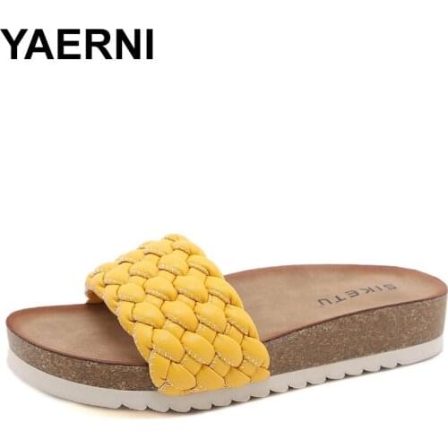 YAERNI 2021 New Womens Summer Beach Cork Slippers Weave Non-slip Slides Ladies Sandals Female Flip Flops Comfortable Home Women