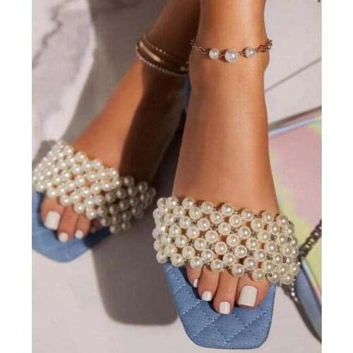 Flip Flops Women Summer Shoes Fashion Pearl Flat Bottom Non-slip Outdoor Ladies Slippers Sexy Beach Comfort Casual Female Slides