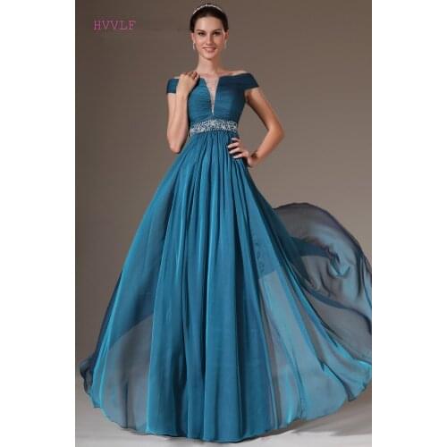Blue Evening Dresses A-line Cap Sleeves Chiffon Beaded Backless Plus Size Long Evening Gown Prom Dresses Robe De Soiree