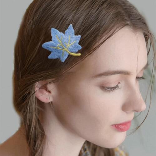 Korean Leaf Embroidery Knitting Maple Leaf Feather Hairpin Headdress Girl Children Blue Green Yellow Hair Clip