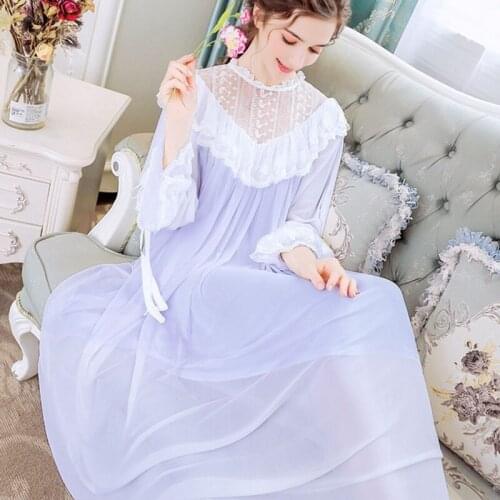 Plus size nightdress palace loose bathrobe vintage purple nightdress modal mesh lace elegant Nightgown sexy nightware