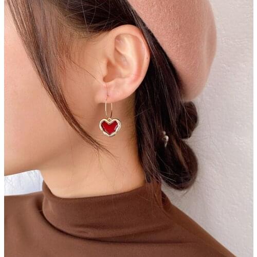 Alloy Red Enamel Heart Jewelry Cute Trendy Style Earrings For Women Girlfriend Wedding Banquet Vintage Sweet Dangle Earrings