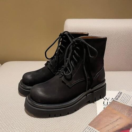 SKLFGXZY 2021 Genuine Leather Womens Ankle Motorcycle Boots Vintage Retro Chunky High Heels Winter Snow Shoes Woman