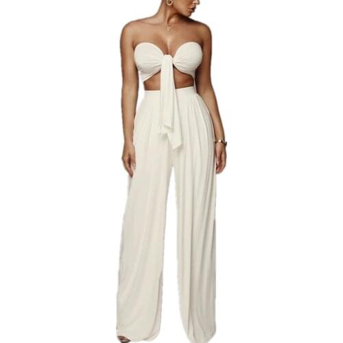 Women Summer Hollow Out Bandage Two Piece Set Sexy Crop Top and High Waist Wide Leg Pant Party Clubwear Matching Outfits