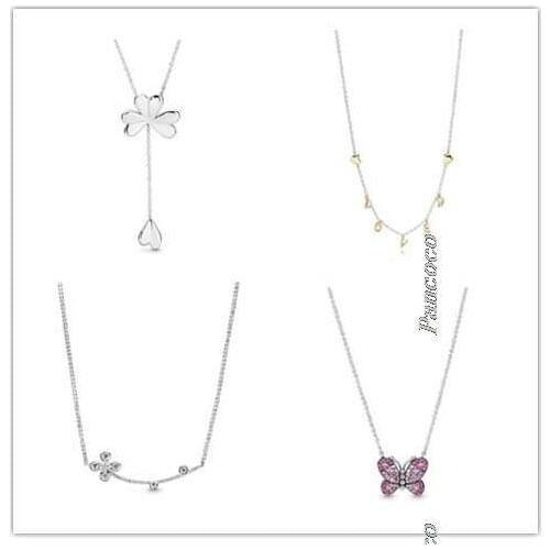 925 Sterling Silver Dazzling Pink Butterfly With Crystal Necklace For Women Wedding Party Fashion Jewelry