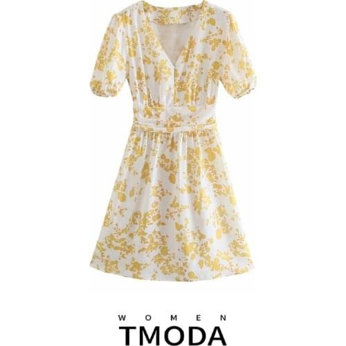 TMODA1254 Za Women Dress 2021 Summer Vintage Print Short Sleeve Ruched Mini Dress Woman V Neck Elastic Waist Chic Casual Dresses