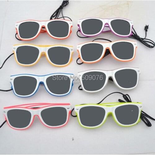 10pcs/lot sound Voice Activate glasses El Wire Glow Sun Glasses white frame DJ Bright Light Safety Light Up glasses