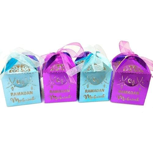 50pcs/set Reflective Blue Rose Red Ramadan Mubarak Candy Boxes Islam Party Decoration EID Hollow Customize Chocolate Gift Box