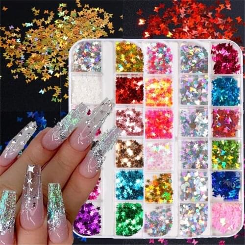 12 Grid Mirror Sparkly Butterfly Nail Sequins Mixed Colors Nail Holographics Glitter 3D Flakes Slices Spangle Art Accessories