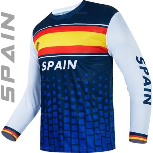Spain Men Cycling Jersey National Flag Cycling Racing Tops Long Sleeve MTB Bicycle Crew Neck Shirt Maillot Summer Bicycle Wear