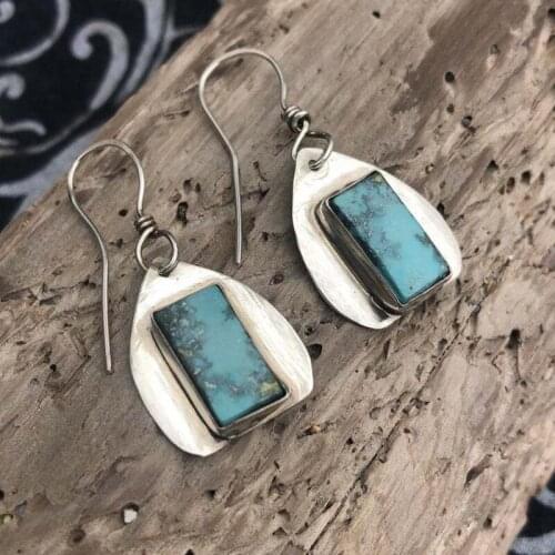 Geometric Teardrop Turquoises Earrings Vintage Drop Dangle Earrings Bohemia Silver Color Pendnat Earrings Gypsy Stone Jewelry