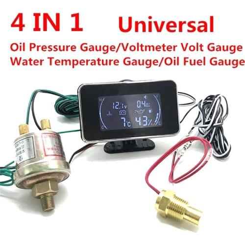 4 in 1 LCD Digital Oil Pressure Voltmeter Volt Water Temperature Oil Fuel Level Gauge for Excavator Truck Car