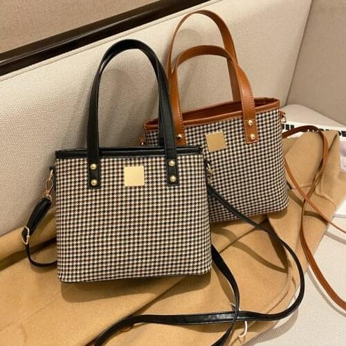 Plaid Niche Design Popular Hot Style Handbag Winter New Fashion Messenger Bag Houndstooth Woolen Portable Bucket Bag