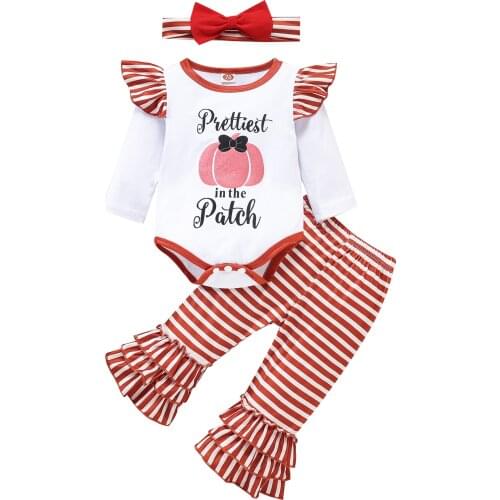 2021-07-02 Lioraitiin 0-18M Infant Baby Girl 3Pcs Halloween Clothing Set Long Sleeve Pumpkin Printed Romper Top Striped Pants