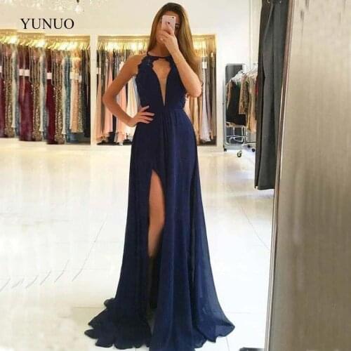 YuNuo Sleeveless A line Lace Backless Evening Gown Navy Blue Dress Party Long Simple High Slit Chiffon Prom Dress 2019