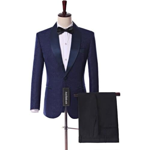 Real Photo Navy Paisley Mens Evening Dress Toast Suits Handsome Groom Tuxedos Party Clothes (Jacket+Pants+Bow Tie) W:68