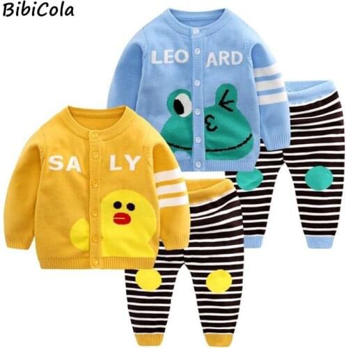 New Autumn Winter Knitted Baby Sets Cotton 2pcs Lovely Animal Cardigan Sweaters+Pants Infant Boys Girls Outfit Suits