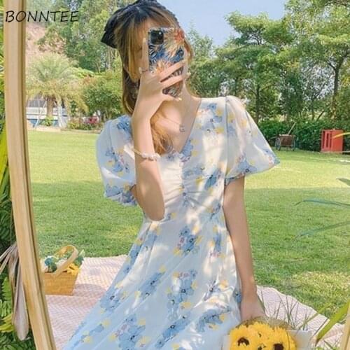 Empire Dresses Women Print V-Neck Short Puff Sleeve Elegant Sweet Stylish Fashionable Summer Korean Style Female Vestidos Gentle