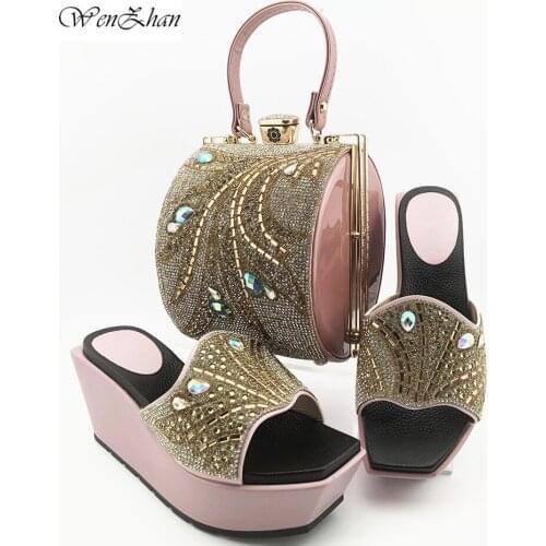 2020Green Italian Style Ladies Shoe And Bag Set Decorated With Rhinestone African Shoes and Bag Set for 38-42 WENZHAN b02-20