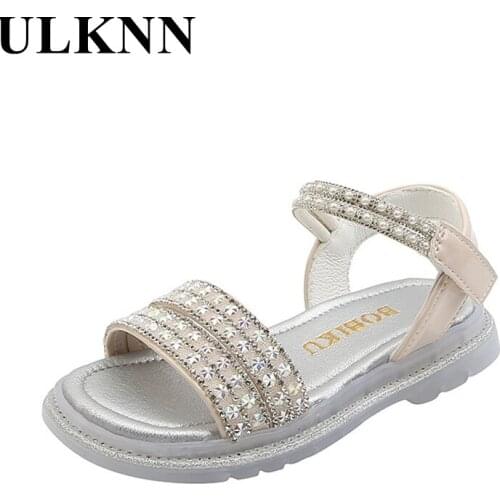 ULKNN Girls Sandals Childrens Pearl Princess Shoe Summer Fashion Soft Bottom Rhinestones Kids Party Beach Students Non-slip Pu