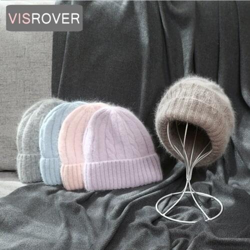 VISROVER 5 colors unisex solid color real rabbit fur beanies winter hat for woman best match acrylic woman Autumn Warm skullies