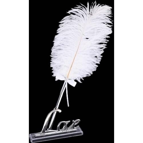 Wedding Reception White Ostrich Feather Quill Guest Book Signing Pen with Golden Love Pen Stand Holder Set