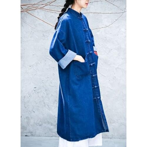 High quality cotton Chinese style zen cowboys long windbreaker coat lay meditation robe tang suits clothing taoist jacket blue