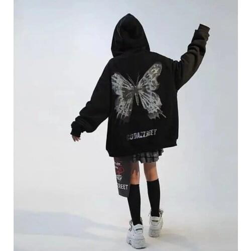 Women Butterfly Printed Zip Up Hooded Sweatshirt 2021 Autumn Harajuku Gothic Casual Loose Oversize Black Hoodies Jacket Coat