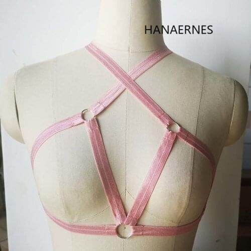 Woman Pink Punk Goth Elastic Harness Bra Belts Sexy Lingerie Body Bondage Caged Bralette Gothic Harness Bra