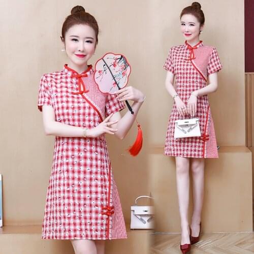 Womens plaid cheongsam plus size dress M-4XL fat XXL XXXL 3XL XXXXL 90KG woman wear 2021 summer loose blouses Chinese cute dress