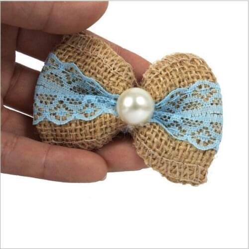 50pcs/Lot 5*8cm Handmade Natural Jute Lace Burlap Pearl Bowknot Bows for Wedding Party DIY Hair Bow Hat Craft Accessories