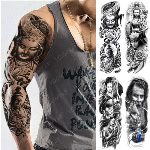 Large Arm Sleeve Tattoo Buddha Shakyamuni Waterproof Temporary Tatto Sticker Geisha Lotus Body Art Full Fake Tatoo Women Men
