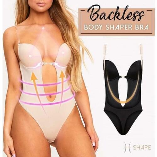 Women Plunging Deep V-Neck Strapless Backless Bodysuit for Wedding Body Shaper Bra Shapewear U Plunge M2