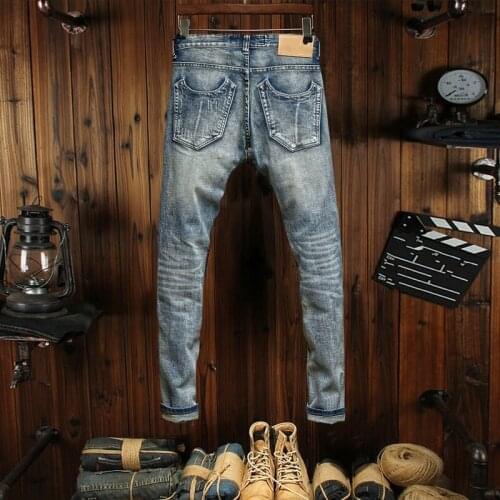 Korean Style 2021 Spring New Men High Quality Hole Design Vintage Slim Straight Pockets High Street Classic Fashion Casual Jeans