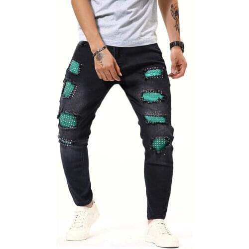 Summer Hot Thin Hip Hop Personality Patch Straight Jeans Fashion Low Waist Mens Casual Jeans Pants Black Jeans Men