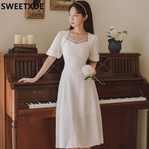 SWEETXUE French Retro Princess Dress Womens Square Neck Beaded Wwhite Fashion Elegant Sweet Summer Dress Ladies Korean Chic