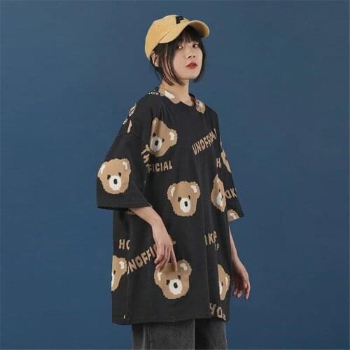 Black Bear Print T Shirt For Girl Funny Loose Female Kawaii Tee Fashion Japan Harajuku Gothic T Shirt Hip Hop Clothes Shirts