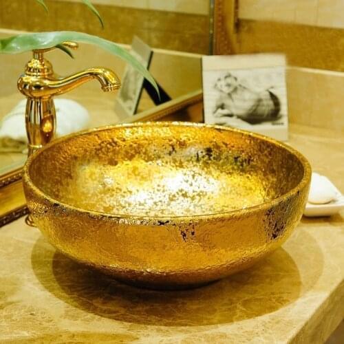 Jingdezhen Hand-Made Gold Color Ceramic Porcelain Art Bathroom Sink