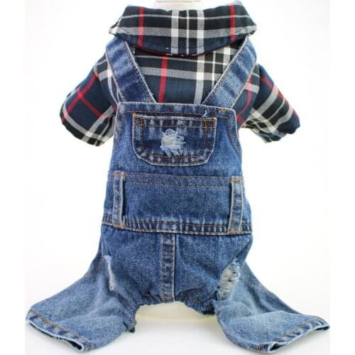 Teddy Bichon Dog Four-Legged Large Plaid Denim Jumpsuit Pet Clothes Spring and Autumn Winter Clothes