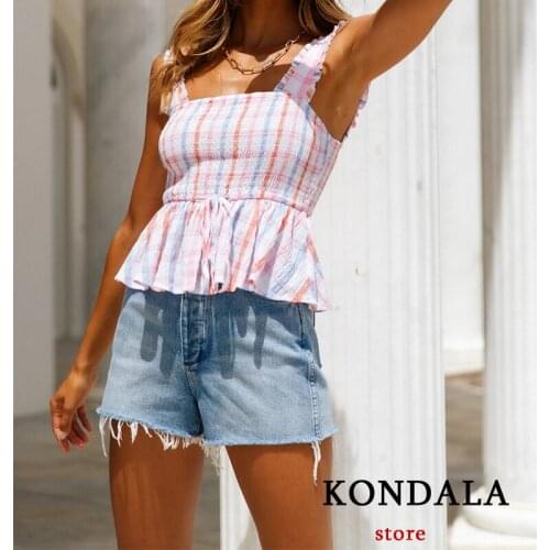 KONDALA Za 2021 Fashion Women Summer Pink Cropped Tops Plaid Ruffle Sling Top Casual Short Blouse Mujer Y2k Tops Dropshipping