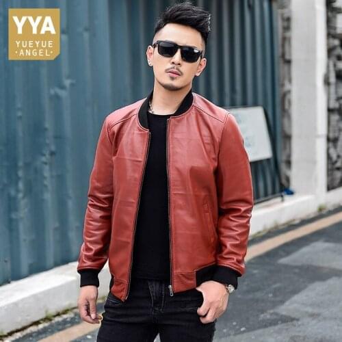 Genuine Leather Jackets Mens Red Short Slim Natural Sheepskin Biker Jacket Zippers Pockets O-Neck Covered Button Vintage Coat