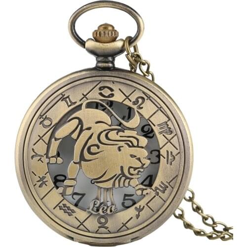 Retro Bronze Twelve Constellations Chain Quartz Pocket Watch Women/ Men Hollow Cute Leo Pendant Necklace Children Gift Clock